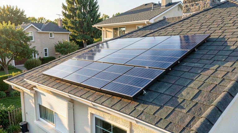 panneau solaire plug and play installé sur le toit d'une maison individuelle chez Leroy Merlin