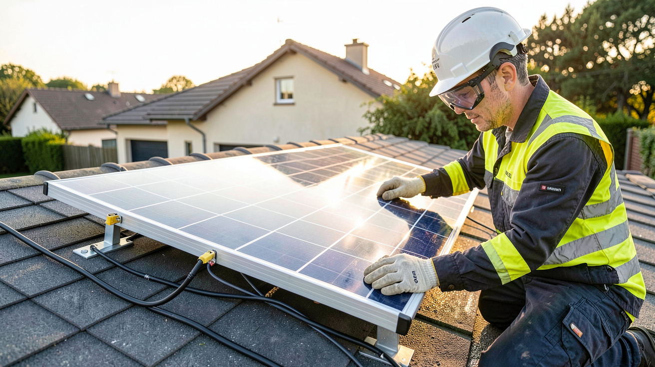 panneau solaire plug and play Leroy Merlin en cours d'installation sur un toit avec un professionnel en tenue de sécurité