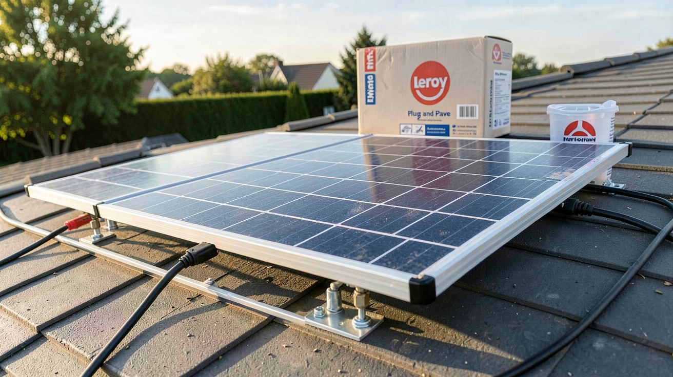 panneau solaire plug and play installé sur un toit de maison avec des éléments de Leroy Merlin en arrière-plan