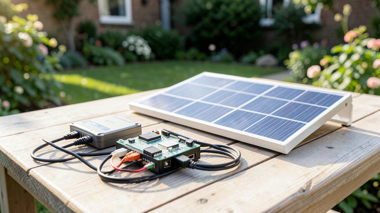 panneau solaire Plug and Play avec kit complet posé sur une table en bois dans un jardin urbain