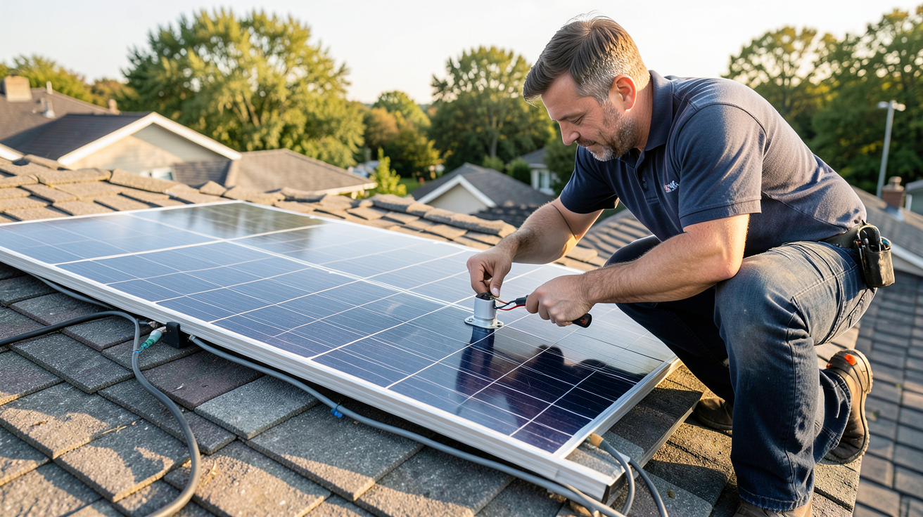 panneau solaire plug and play en cours d'installation sur un toit avec un professionnel vérifiant les connexions électriques