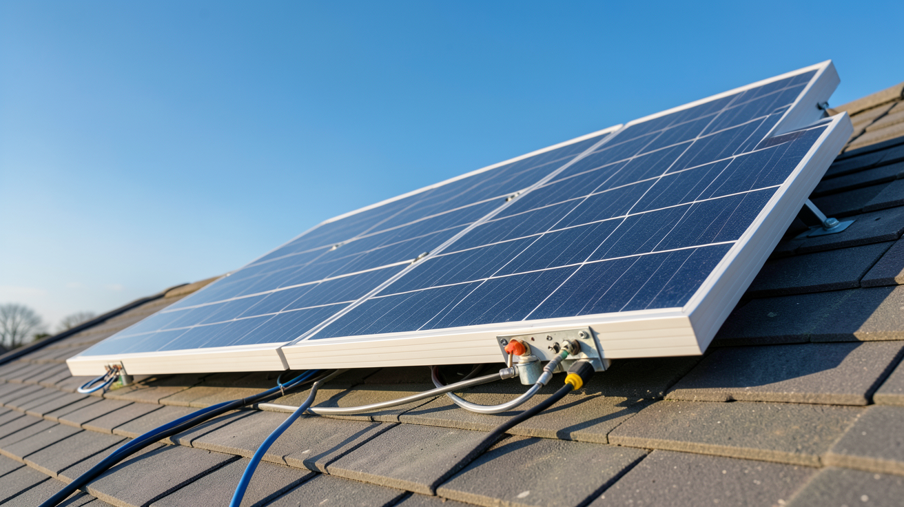 panneau solaire plug and play posé sur un toit de maison individuelle avec un ciel bleu dégagé