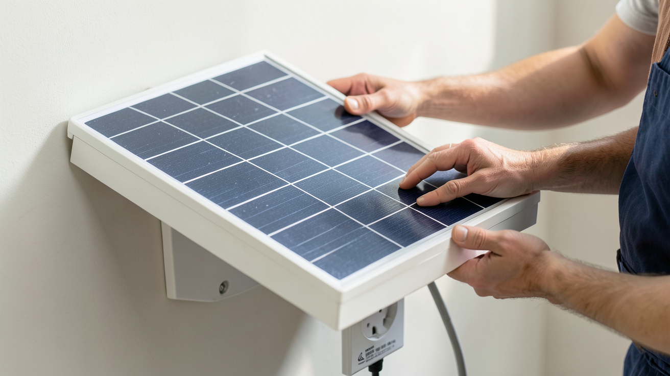 panneau solaire plug & play en cours d'installation sur une prise renforcée par un technicien