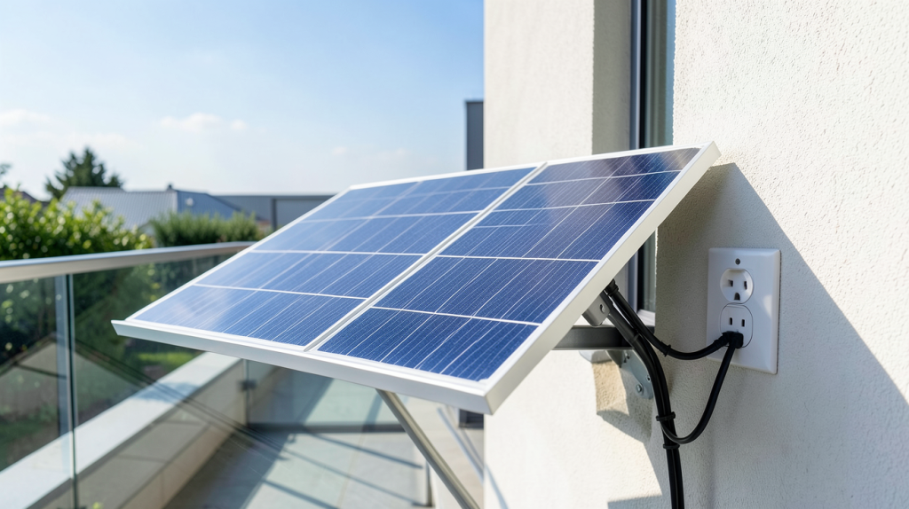 panneau solaire plug & play installé sur un balcon ensoleillé d'une maison