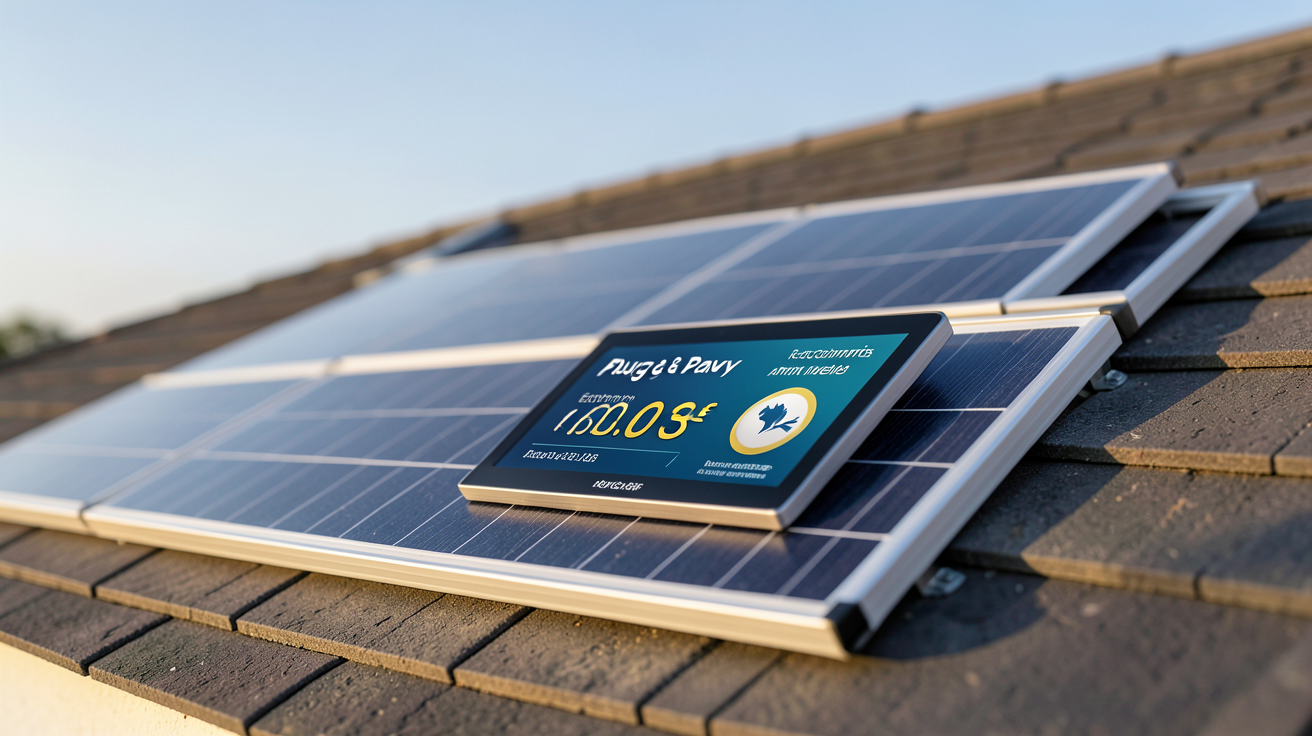 panneau solaire plug & play installé sur un toit avec simulation de retour sur investissement et économies annuelles affichées