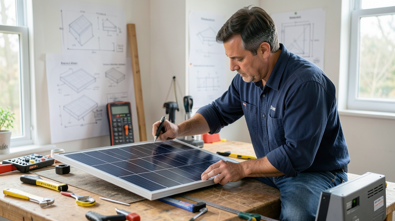 technicien mesurant un panneau solaire et une batterie de stockage pour dimensionner une installation solaire