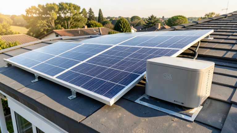 panneau solaire plus batterie installé sur un toit résidentiel avec des panneaux photovoltaïques orientés plein sud et une batterie de stockage visible, lumière du jour éclatante.