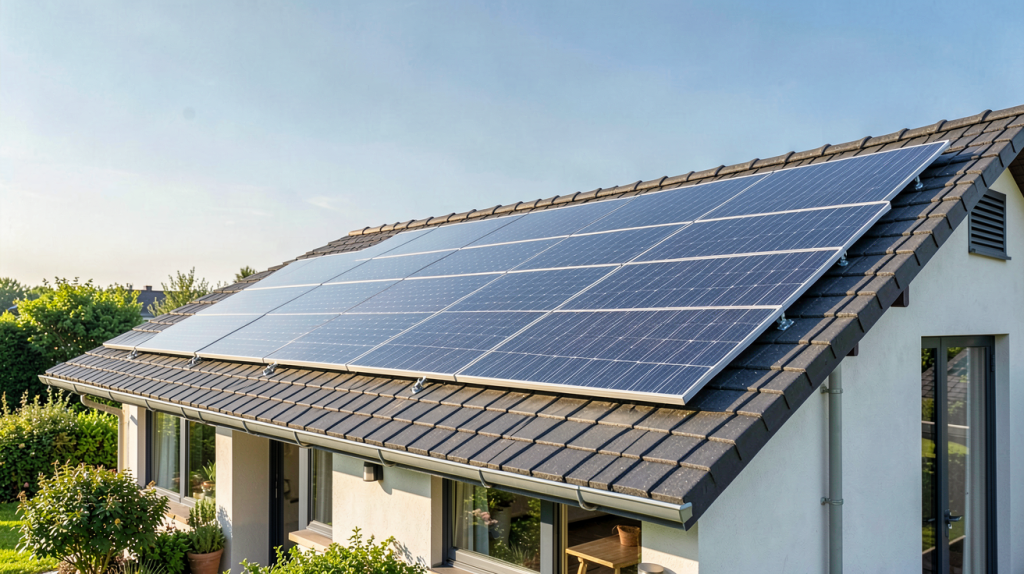 panneau solaire polycristallin installé sur le toit d'une maison écologique