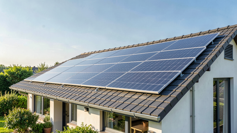 panneau solaire polycristallin installé sur le toit d'une maison écologique