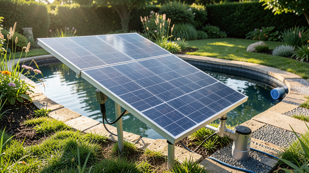 panneau solaire pour pompe bassin installé près d'un bassin de jardin, illustrant l'entretien et la durée de vie du système
