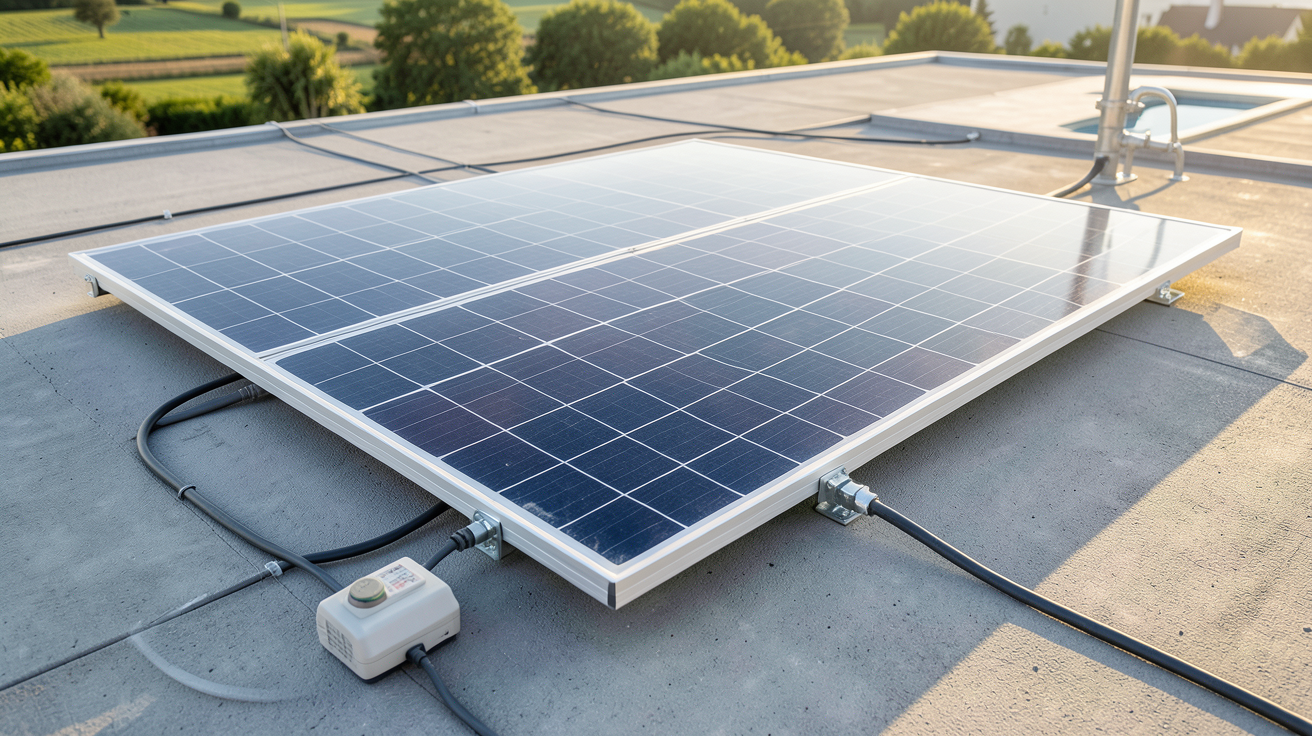panneau solaire pour pompe piscine installé sur un toit avec câblage connecté à une pompe de piscine