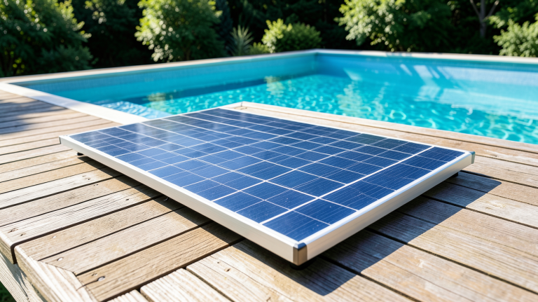 panneau solaire pompe piscine installé sur un toit avec une piscine en arrière-plan