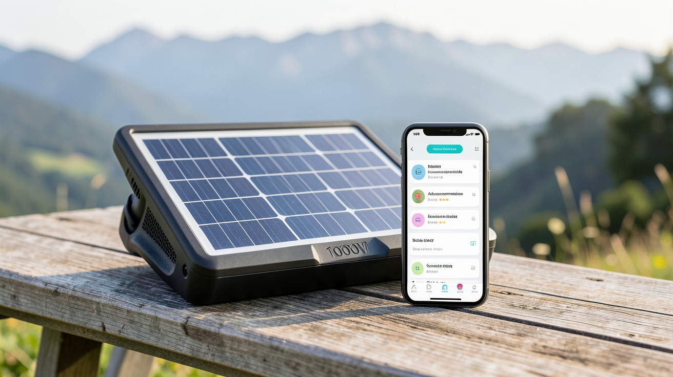 panneau solaire portable 1000W posé sur une table avec un smartphone affichant une application de calcul d'autoconsommation et d'économies énergétiques