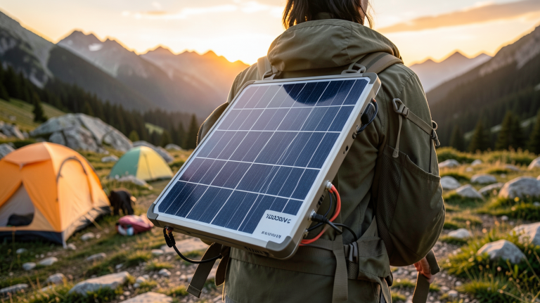 panneau solaire portable 1000w installé sur un sac à dos de randonnée en montagne