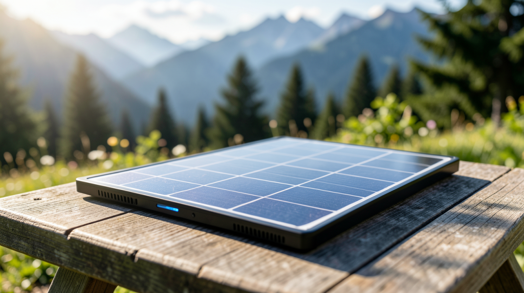 panneau solaire portable 100w installé sur une table en plein air lors d'une excursion.