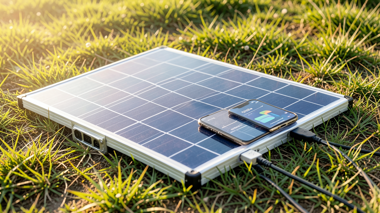 panneau solaire portable 100W déployé sur un terrain herbeux avec un smartphone en cours de recharge