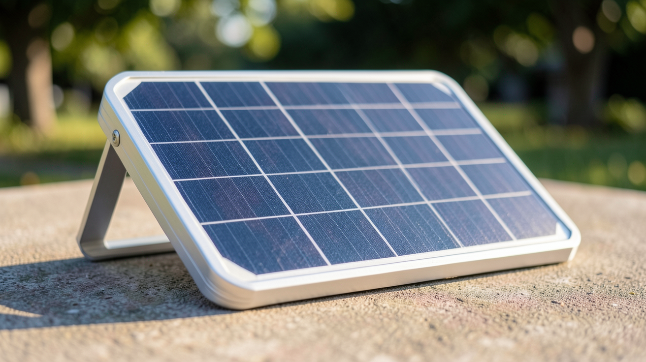 panneau solaire portable 100W posé sur une surface plane en extérieur avec lumière naturelle du matin