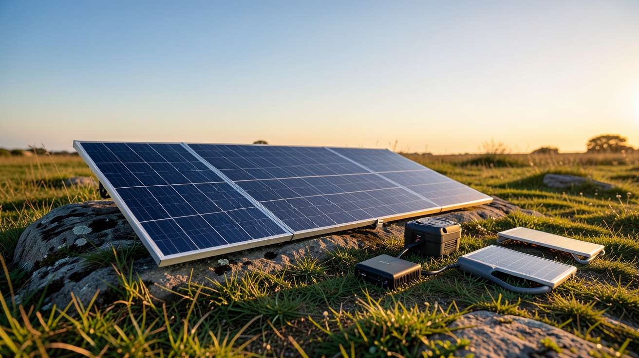 panneau solaire portable 100W déployé en plein air avec d'autres solutions d'énergie nomade comme une batterie externe, un générateur solaire pliable et un chargeur solaire souple