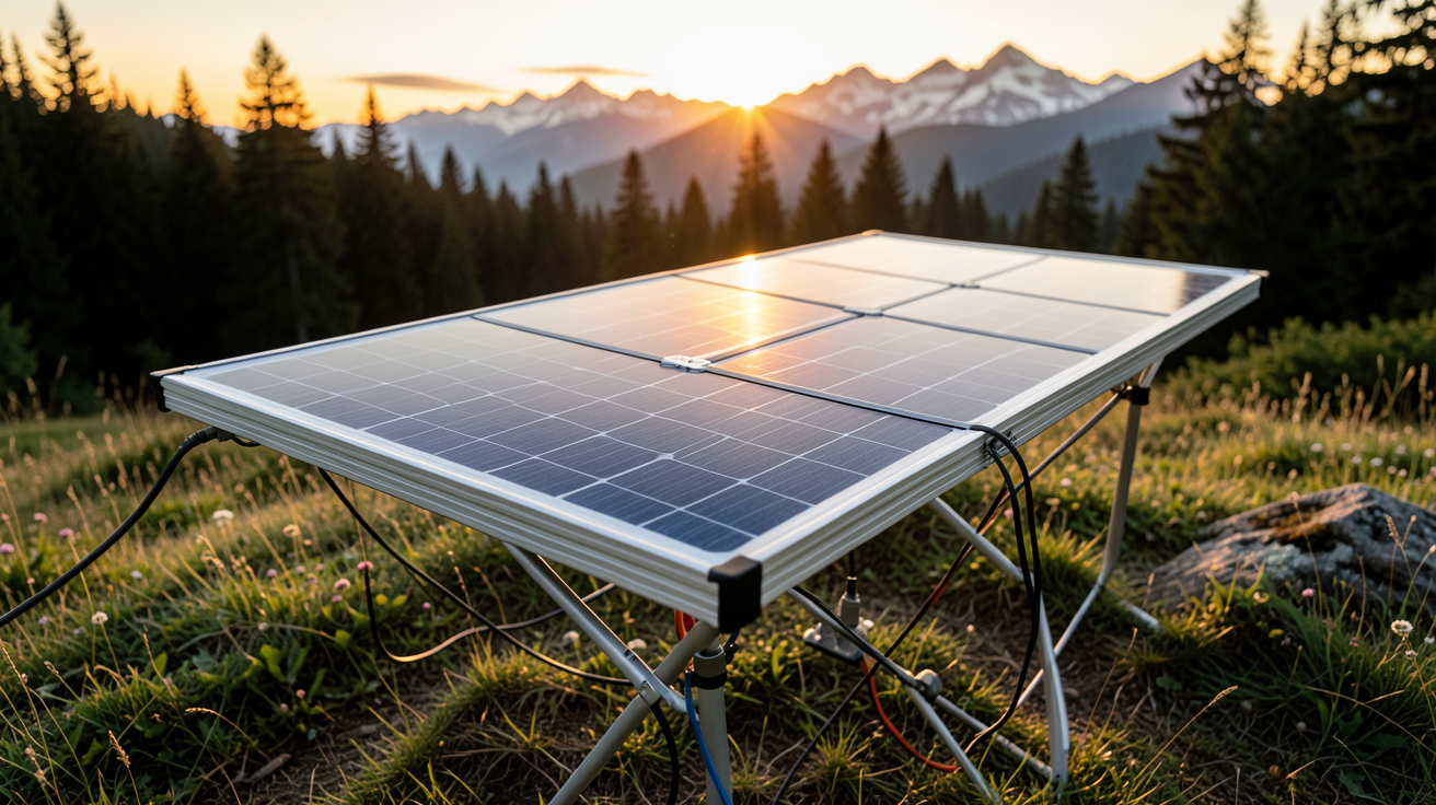 panneau solaire portable 2000W déployé en plein air pour alimenter un équipement de camping