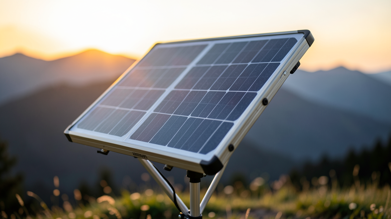 panneau solaire portable 2000w posé sur un support pliant en extérieur lors d'un coucher de soleil