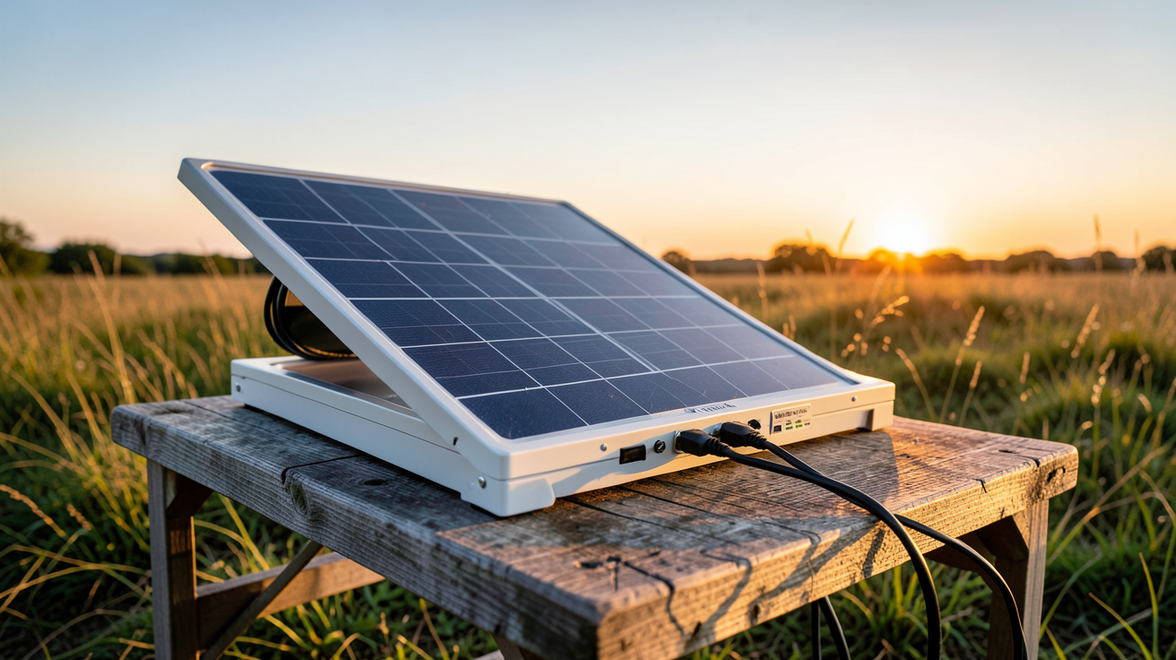 panneau solaire portable 2000w installé sur une table de camping en extérieur