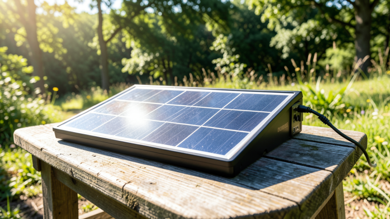 panneau solaire portable avec batterie utilisé pour charger des appareils lors d'un camping en plein air