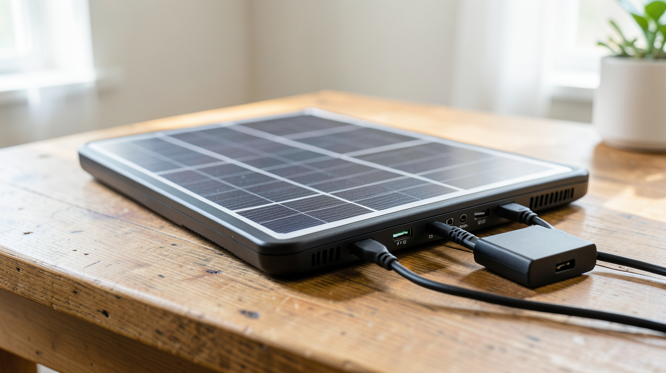 panneau solaire portable avec batterie externe posé sur une table en bois, prêt pour l'entretien et le stockage