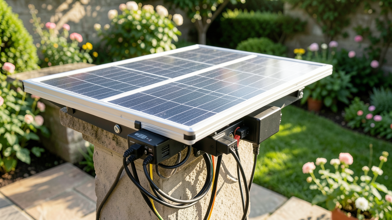 panneau solaire portable avec batterie en cours d'installation et de branchement sur un support extérieur