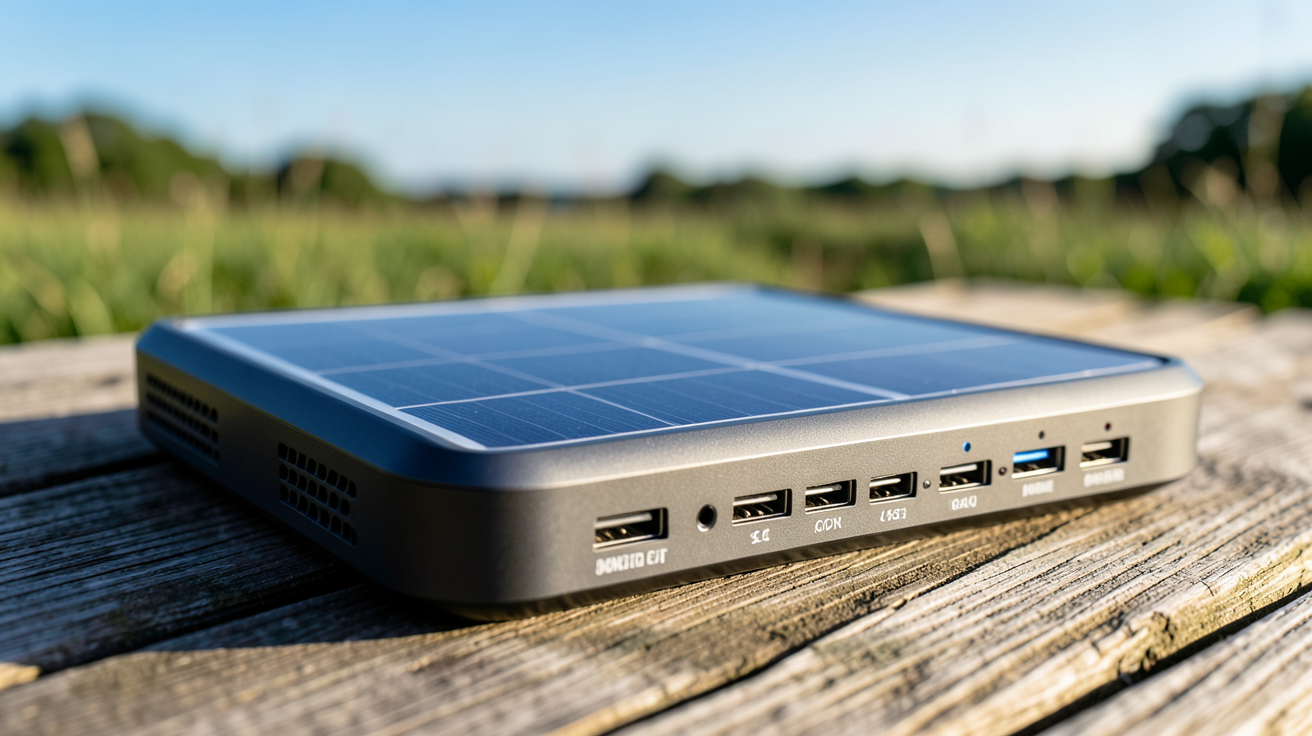 panneau solaire portable avec batterie posé sur une table en bois extérieur, affichant des indicateurs de charge et des ports USB