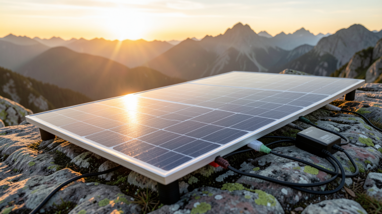 panneau solaire portable déployé en montagne avec lumière dorée du coucher de soleil