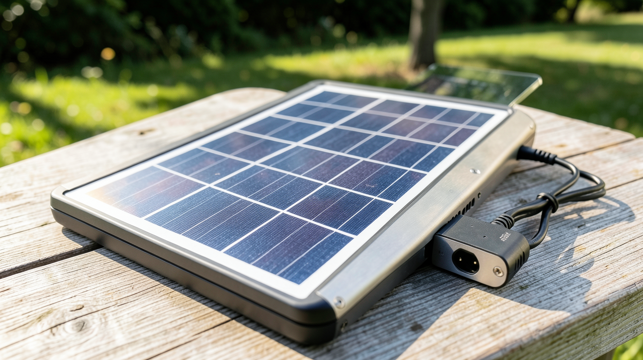 panneau solaire portable batterie avec batterie externe intégrée posé sur une surface en bois