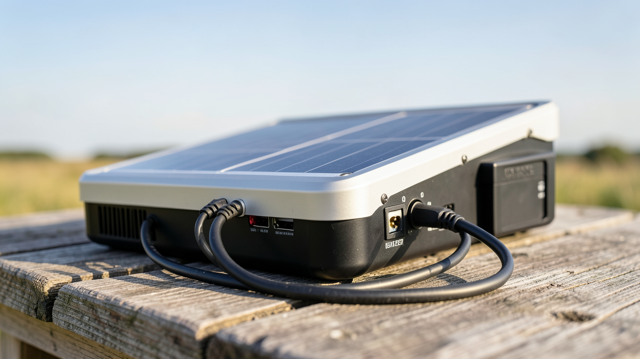 panneau solaire portable batterie installé sur une table en bois en extérieur avec une lumière naturelle
