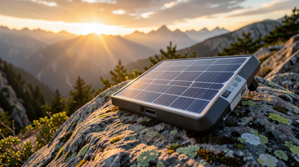 panneau solaire portable avec batterie posé sur un rocher en montagne sous la lumière du coucher de soleil