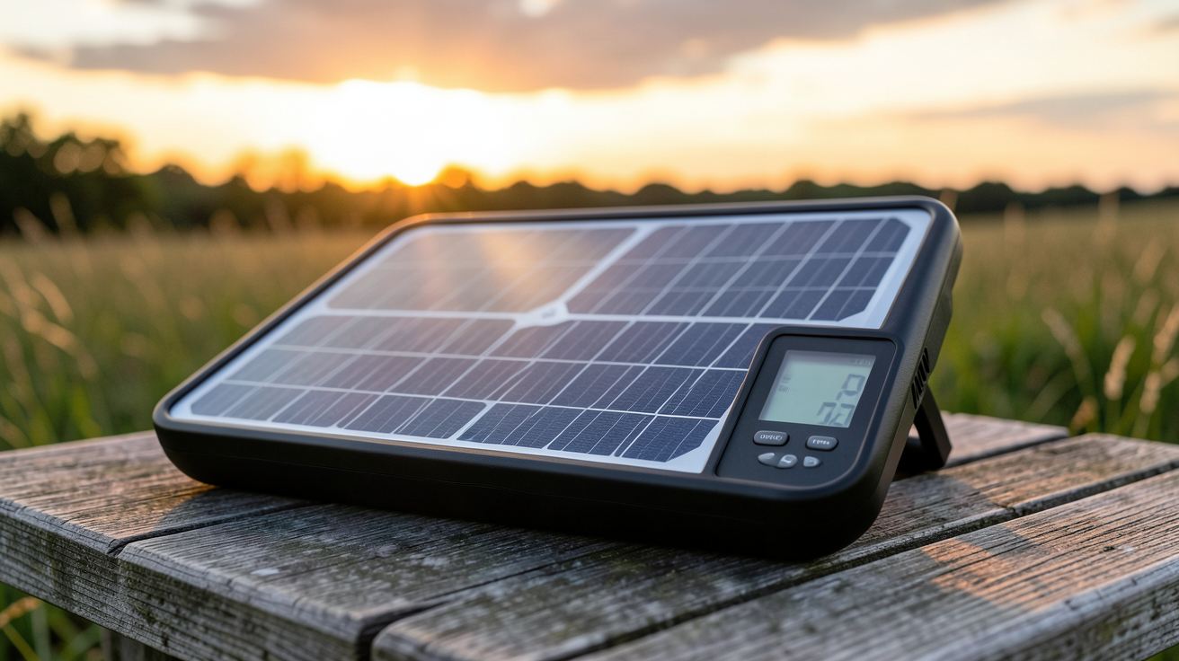 panneau solaire portable batterie avec écran LCD posé sur une table en bois en extérieur