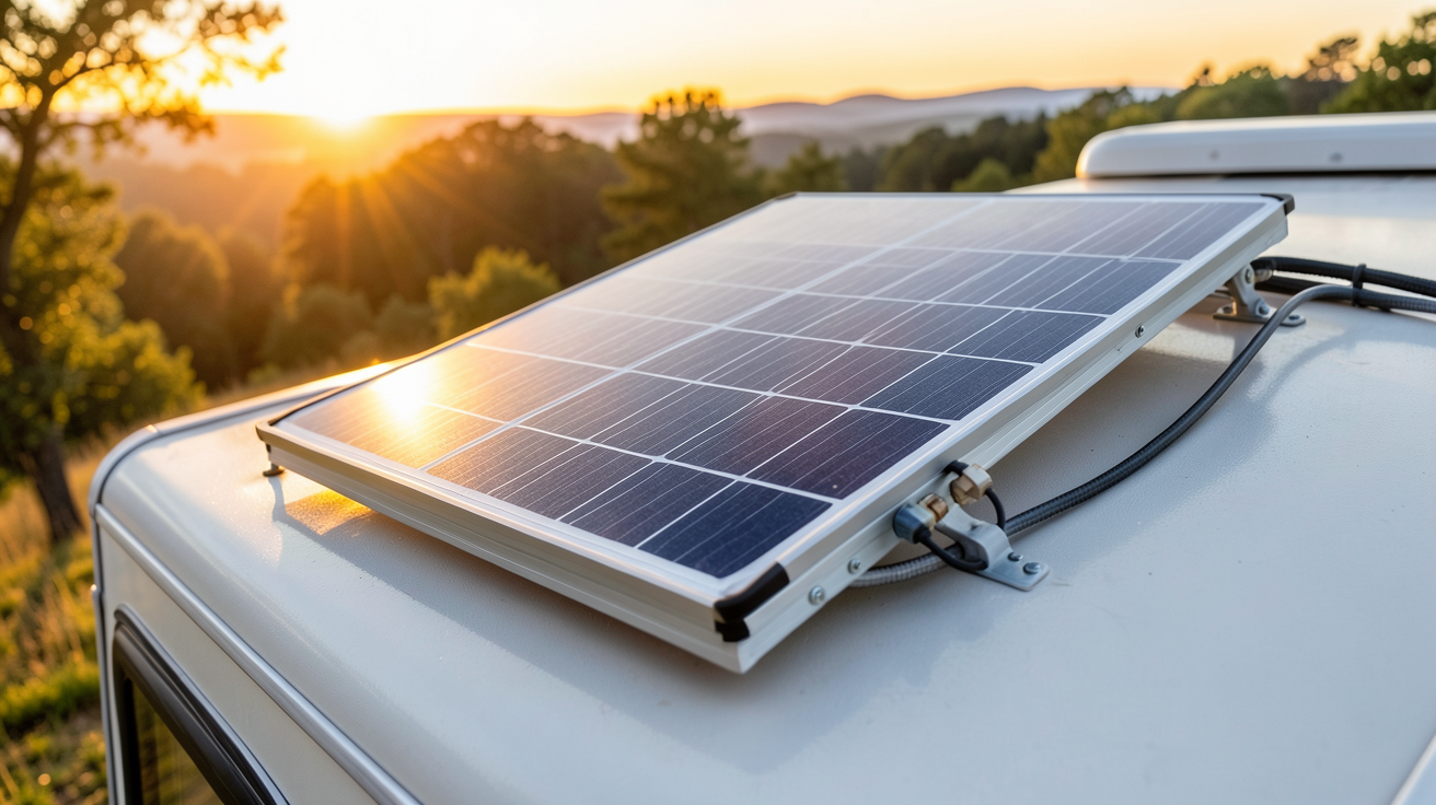 panneau solaire portable installé sur le toit d'un camping-car en pleine nature