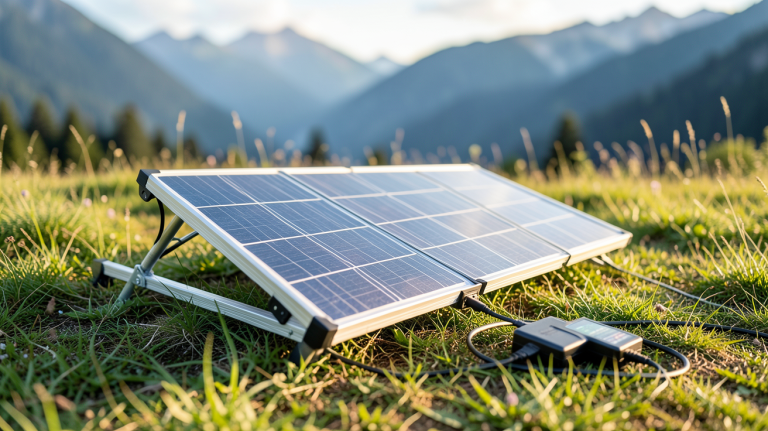 panneau solaire portable camping car avec batterie externe déployé sur un terrain herbeux