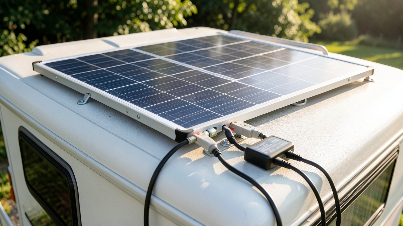 panneau solaire portable installé sur le toit d'un camping-car avec câbles et batterie connectés
