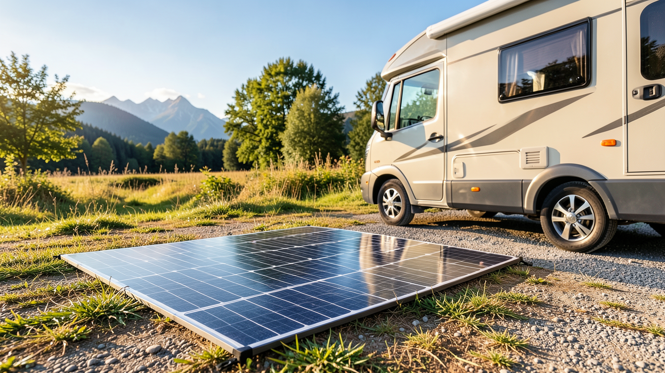 panneau solaire portable camping car installé pour recharger des équipements en plein air