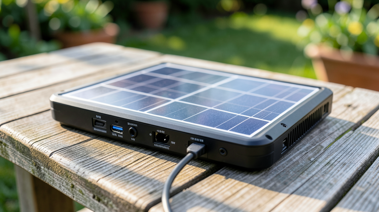 panneau solaire portable posé sur une table en bois extérieur avec lumière naturelle du matin