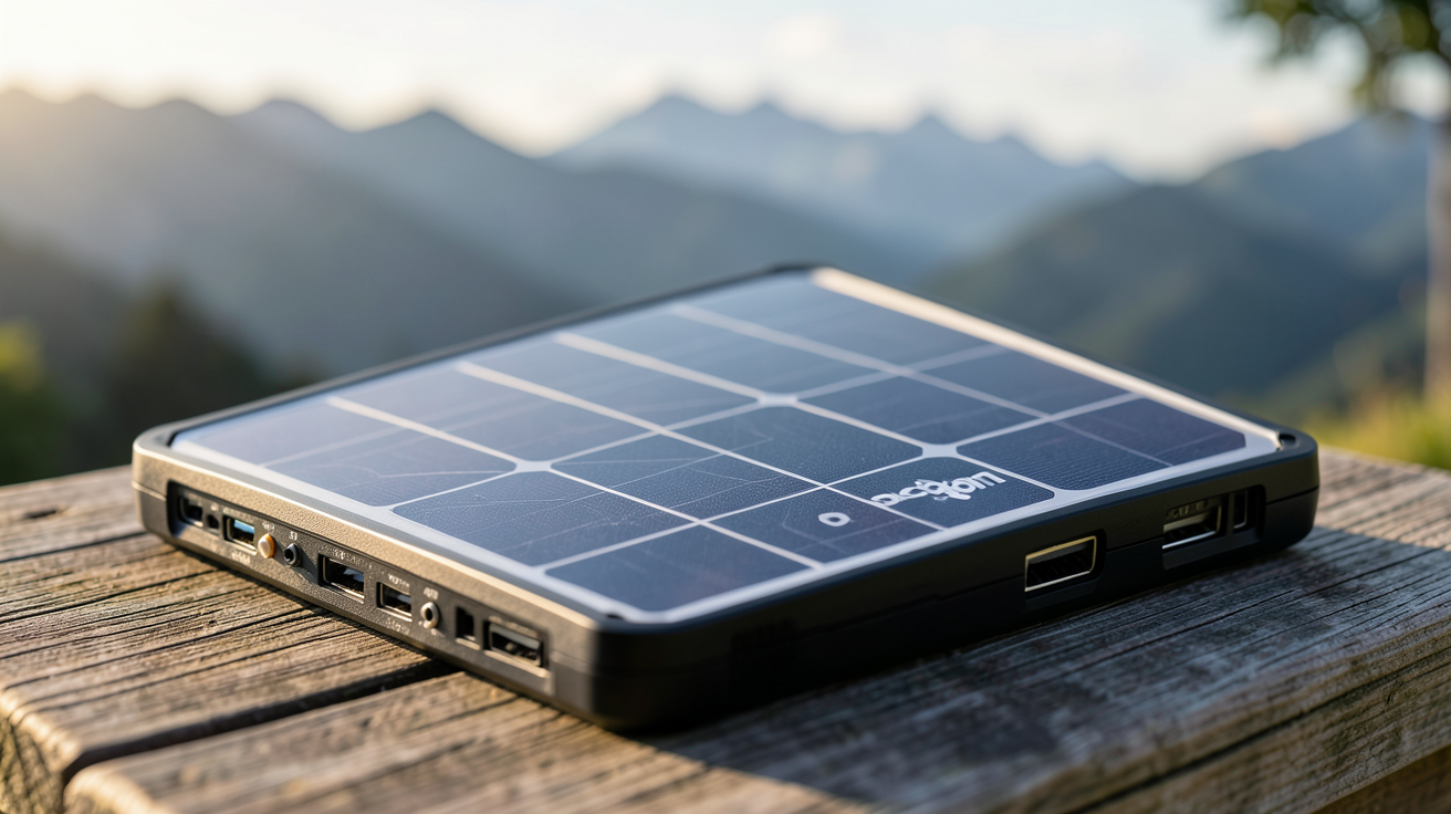 panneau solaire portable Decathlon posé sur une table en bois en extérieur, mettant en avant les critères techniques comme les connecteurs et les cellules photovoltaïques