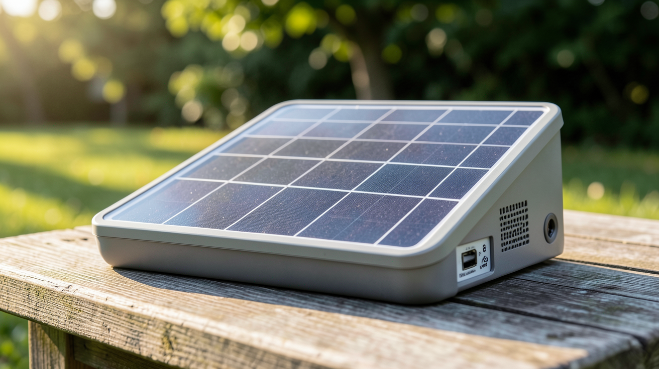 panneau solaire portable Decathlon posé sur une table en bois en extérieur