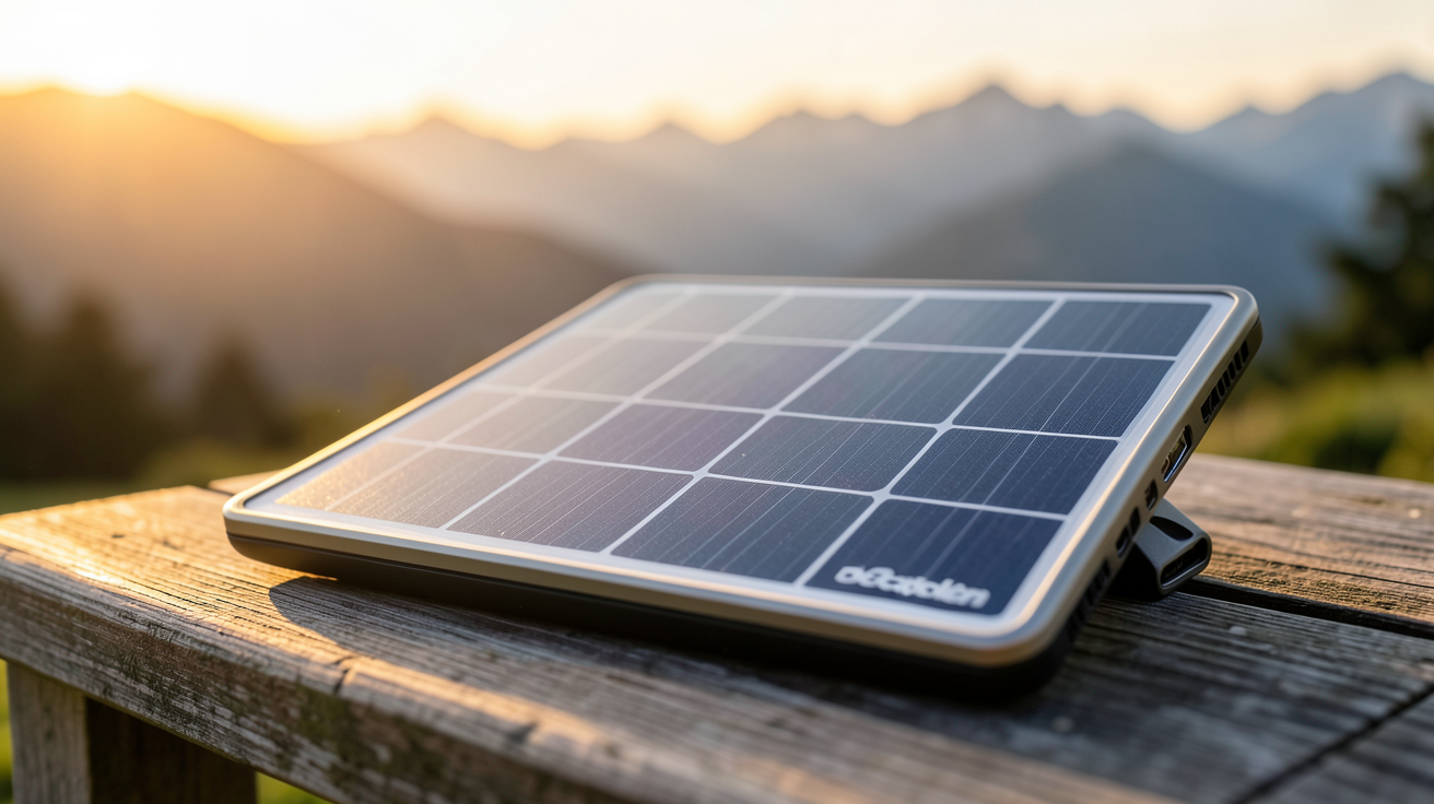 panneau solaire portable Decathlon posé sur une table en bois en extérieur avec une lumière naturelle dorée