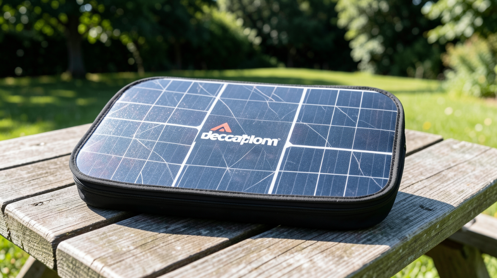 panneau solaire portable Decathlon posé sur une table de pique-nique en bois en extérieur