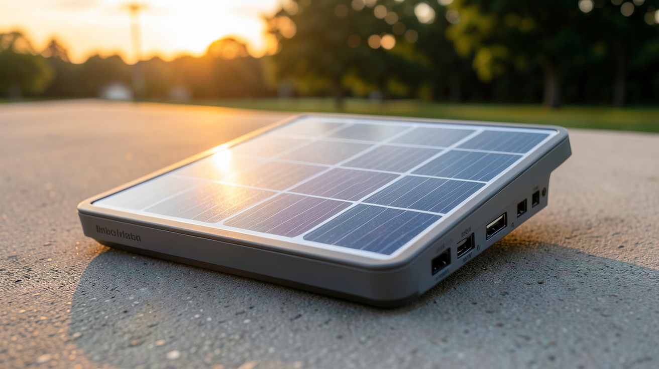 panneau solaire portable compact posé sur une surface plane en extérieur avec lumière naturelle