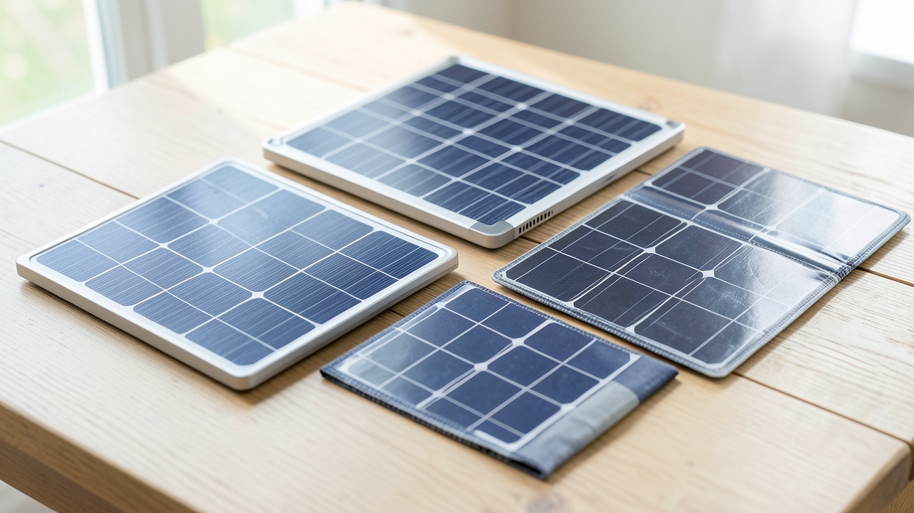 panneau solaire portable différents types disposés sur une table en bois clair