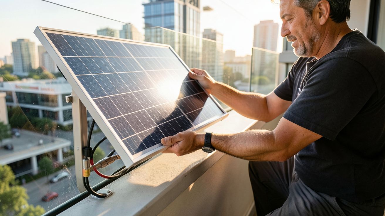 panneau solaire portable Leroy Merlin en cours d'installation sur un balcon ensoleillé avec une personne en train de le fixer