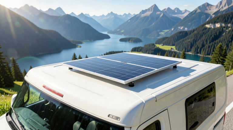 panneau solaire portable pour camping car installé sur un véhicule de voyage en pleine nature