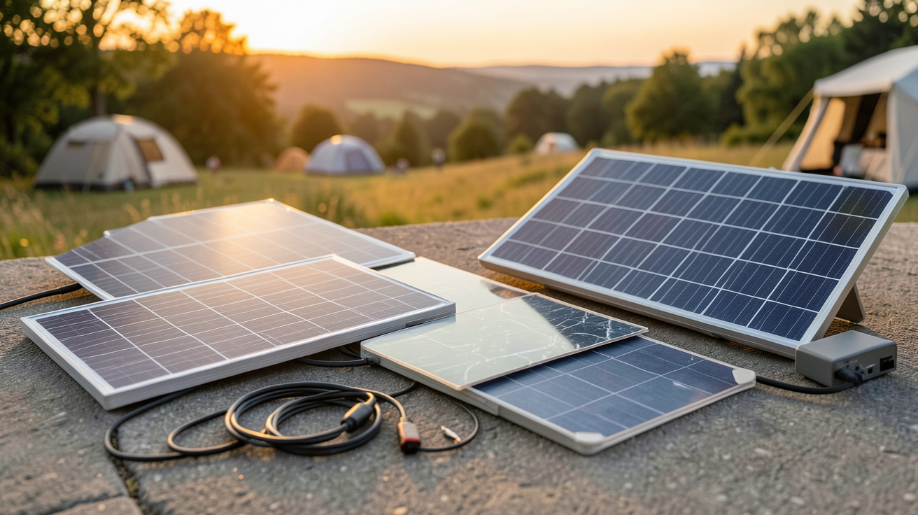panneau solaire portable pour camping car montrant différents types de panneaux solaires : monocristallin, polycristallin, souple et rigide