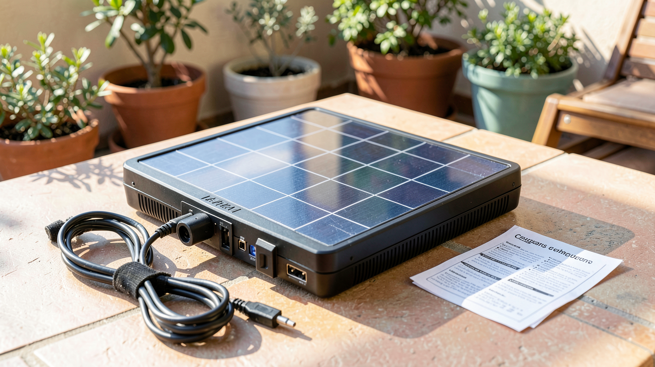 panneau solaire portable pour maison avec accessoires de sélection essentiels posés sur une terrasse ensoleillée