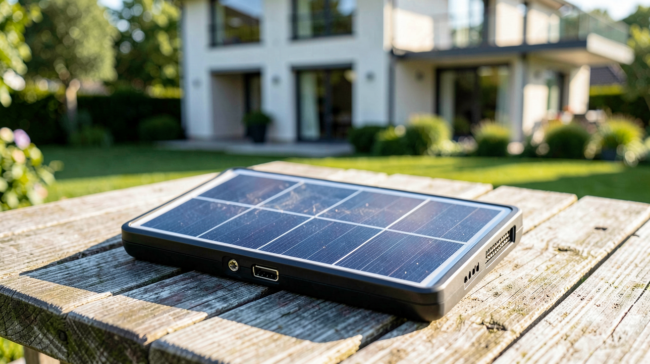 panneau solaire portable pour maison posé sur une table de jardin en bois